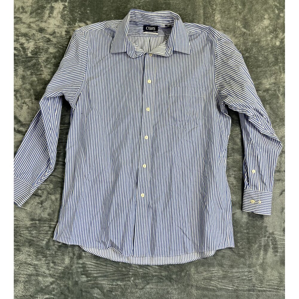 Chaps Regular Fit Blue & White Striped Button-Down Shirt Mens 16 32/33